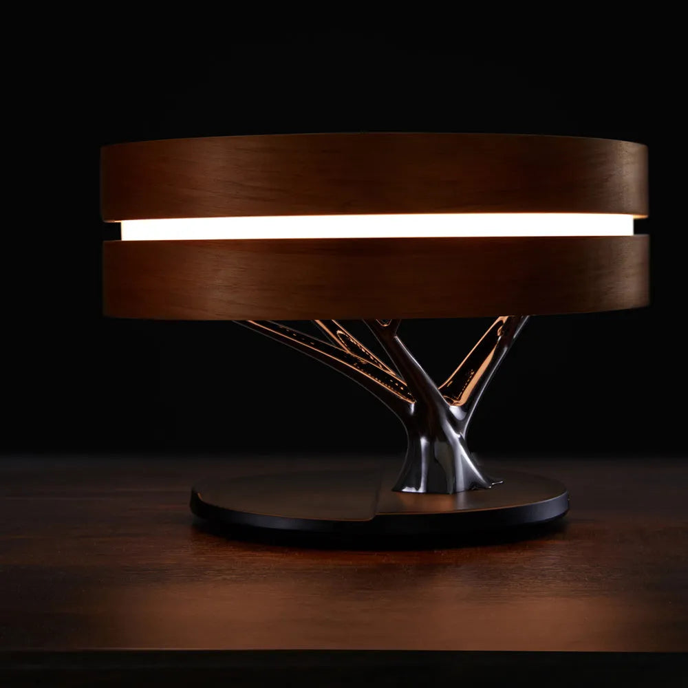 Round intelligent music Bluetooth speaker bed lamp with WiFi and wireless charging in maple brown