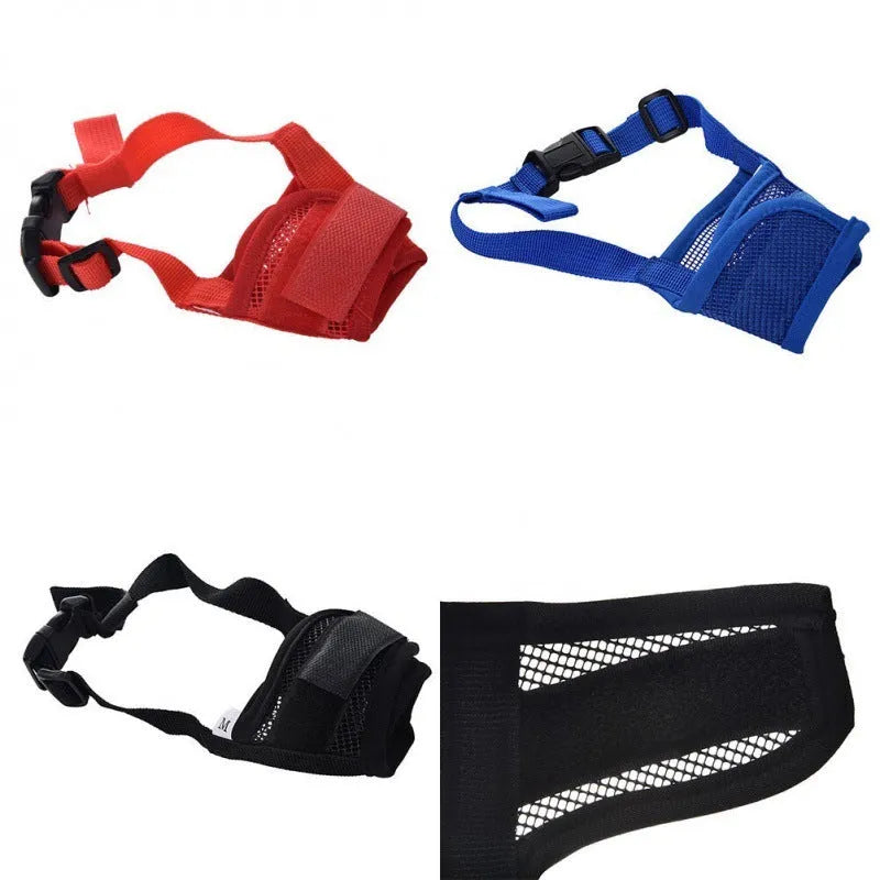 A black plastic basket-style dog muzzle shown on a size chart with measurements for S, M, L, XL, and XXL sizes.