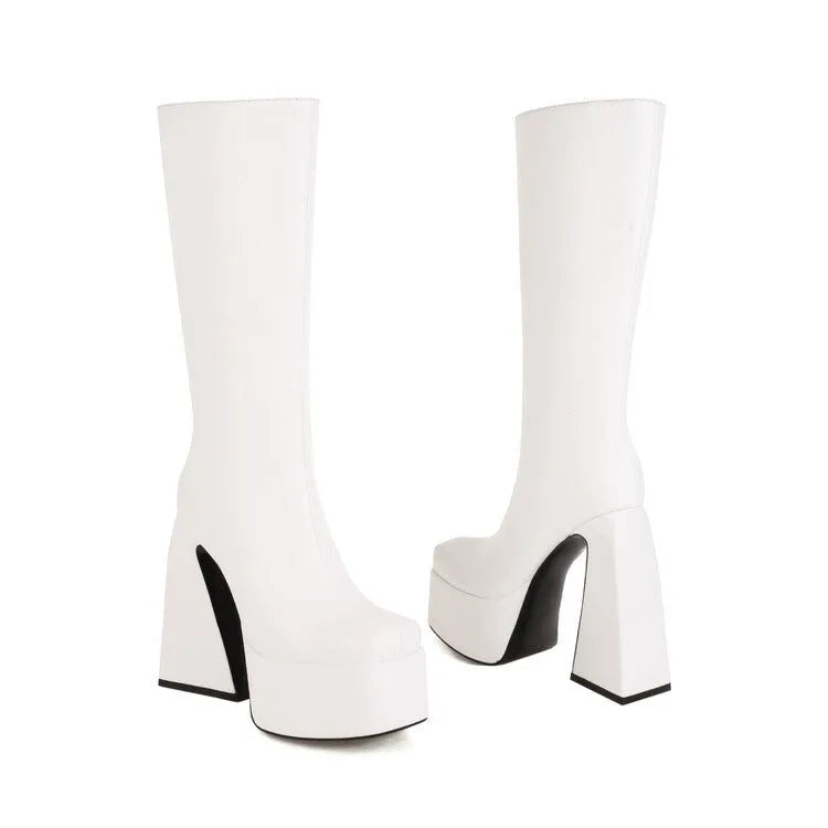 Women's artificial PU leather high boots in black, red, blue, and white colours showing ankle and lower calf coverage