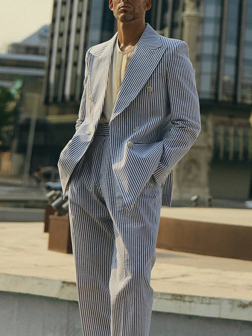 Blue and white striped polyester suit set with blazer and regular fit trousers