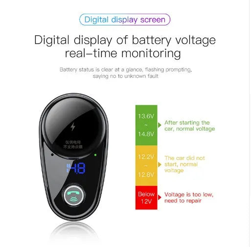 Bluetooth FM transmitter car charger with dual USB ports and voltage detection display