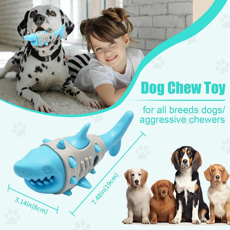 Shark tooth design dog teething toy in blue, grey, or yellow with cleaning ridges