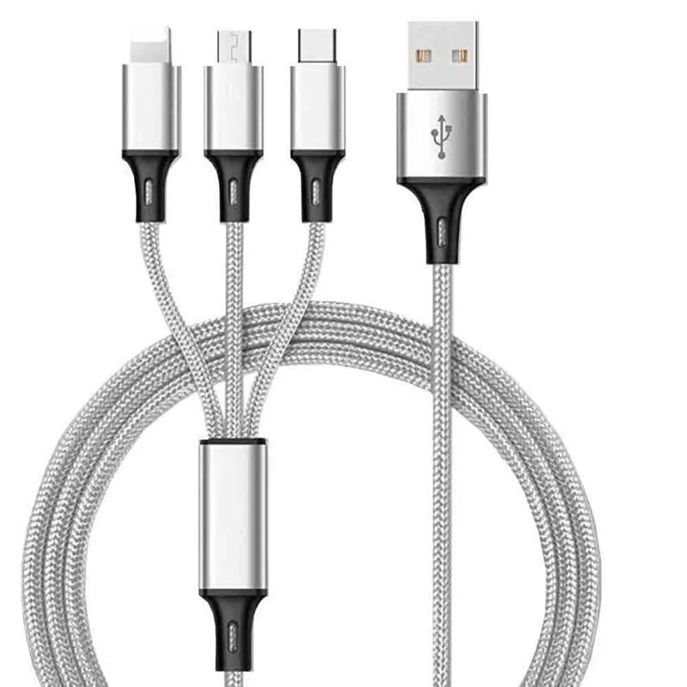 Braided 3-in-1 universal charging cable with red blue silver black colour options and 1.25 metre length