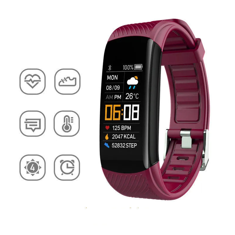 Adult sports silicone pedometer bracelet in multiple colours on wrist, showing 0.96-inch touchscreen display.