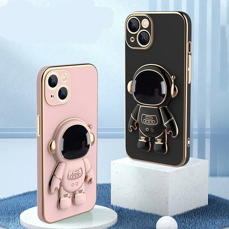 3D astronaut phone case with electroplating bracket for iPhone 13 Pro Max, TPU anti-drop back cover in black