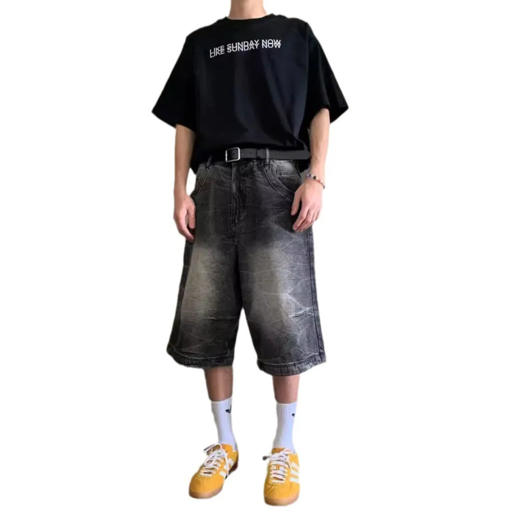 Men's loose straight-leg washed denim shorts in blue, mid waist with zip placket, for casual summer wear.