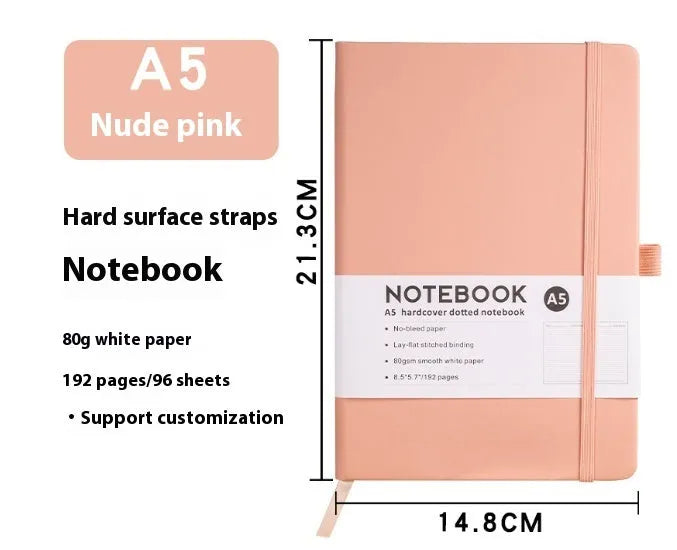 A5 office diary with hand skin feeling PU leather cover and strap closure, open to show horizontal line pages.