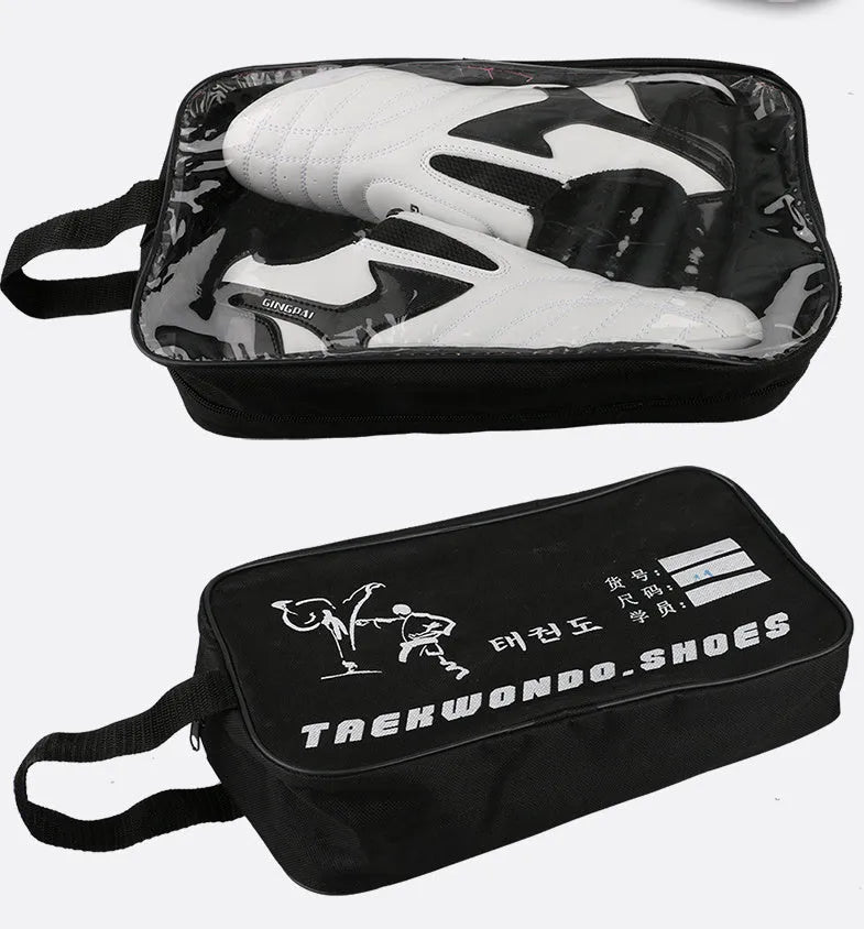 Black and white children's martial arts training shoes with a soft bottom and widened fit for Sanda and Taekwondo.
