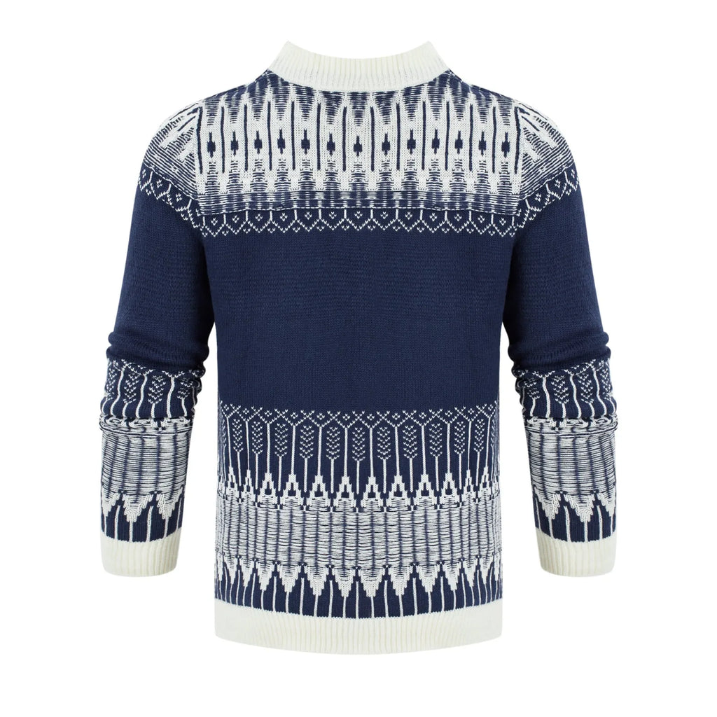 Men's grey knitted pullover sweater with ribbed cuffs and hem on a hanger