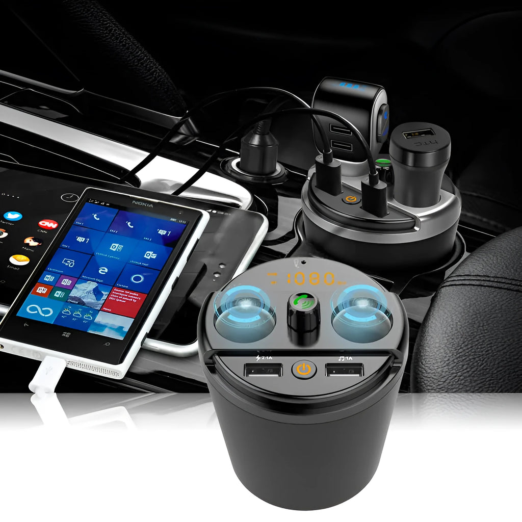 Cup holder Bluetooth car MP3 player FM transmitter with dual USB charging port in black