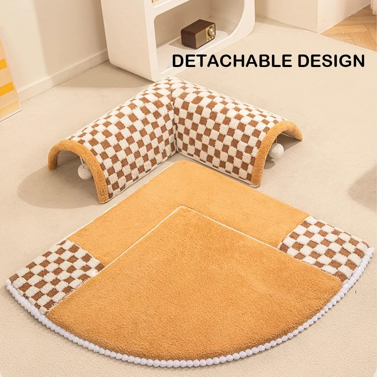 Coffee coloured plush dog and cat bed with integrated tunnel, shown in a fan-shaped plaid design