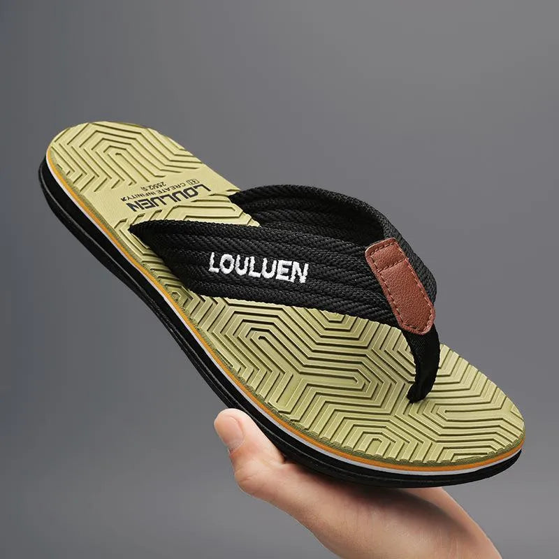 Men's open-toe flip flops in black, khaki, or green with a textured non-slip sole.