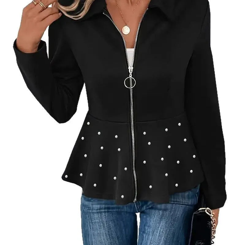 Women's solid-colour beaded coat with a ruffled hem and heavy-duty zipper in a loose fit.