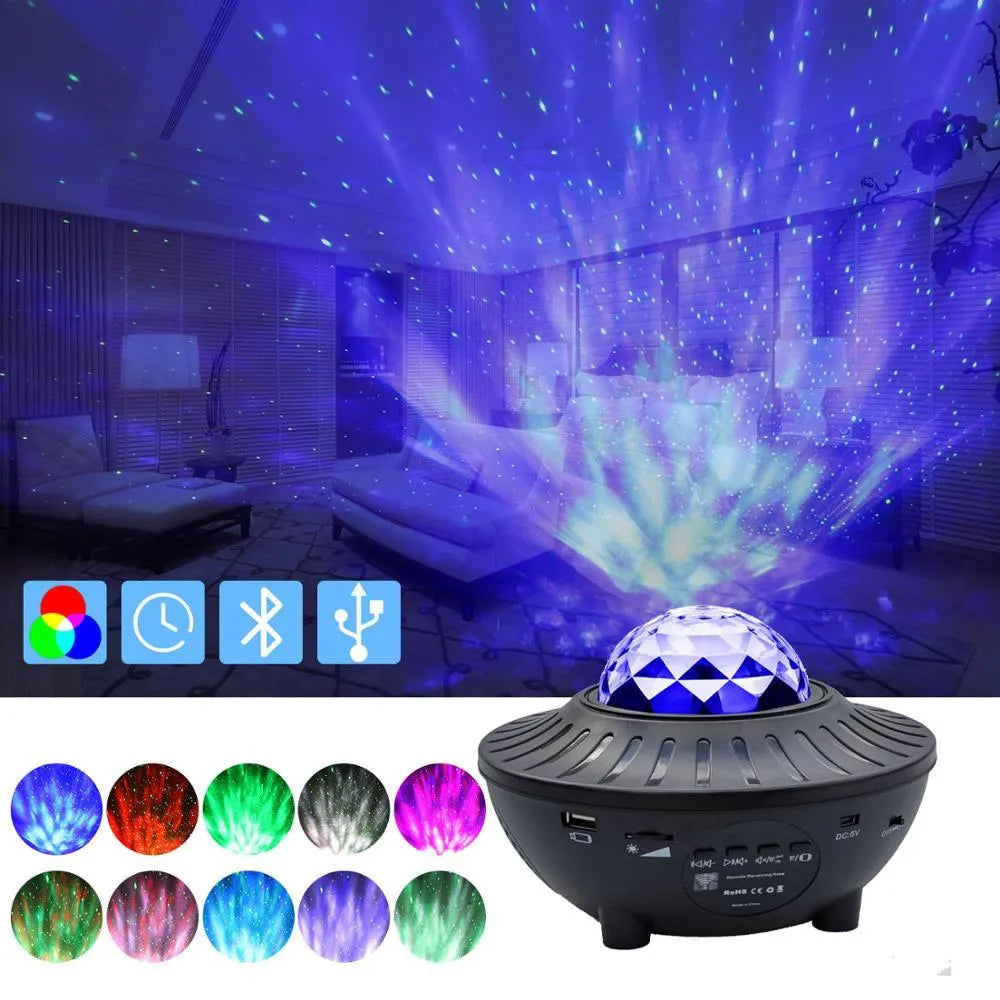 LED Bluetooth music projector light with starry sky effect, green laser, remote control, and USB cable