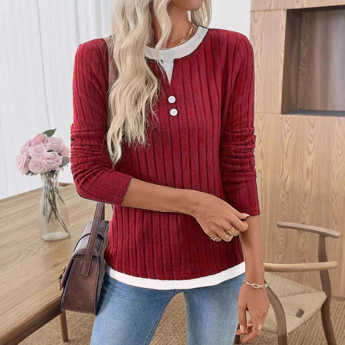 Women's concave stripe polyester pullover sweater with fake two-piece button detail in street fashion style