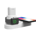 Black W3 wireless charging station showing iPhone, Apple Watch and AirPods case on charging pads.