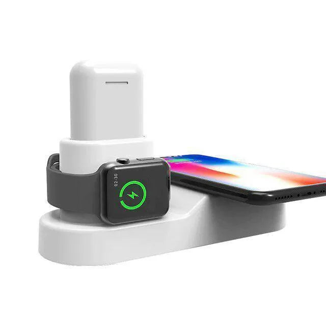 Black W3 wireless charging station showing iPhone, Apple Watch and AirPods case on charging pads.