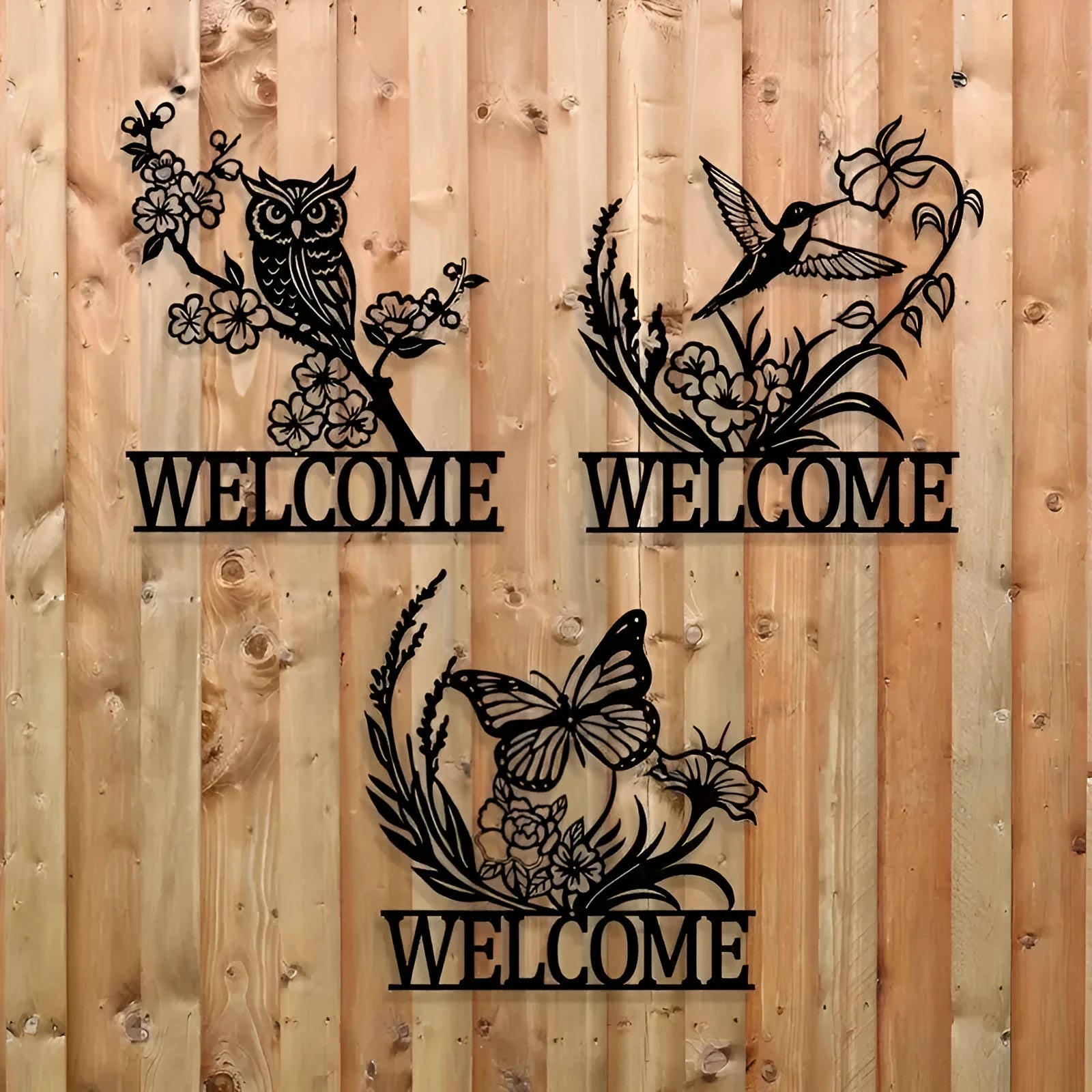 Copper wrought iron courtyard door head decoration with animal silhouette - butterfly, hummingbird or owl