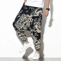 Cotton wide-leg beach trousers with elephant flower print in blue fan colour, nine-point length, mid-waist