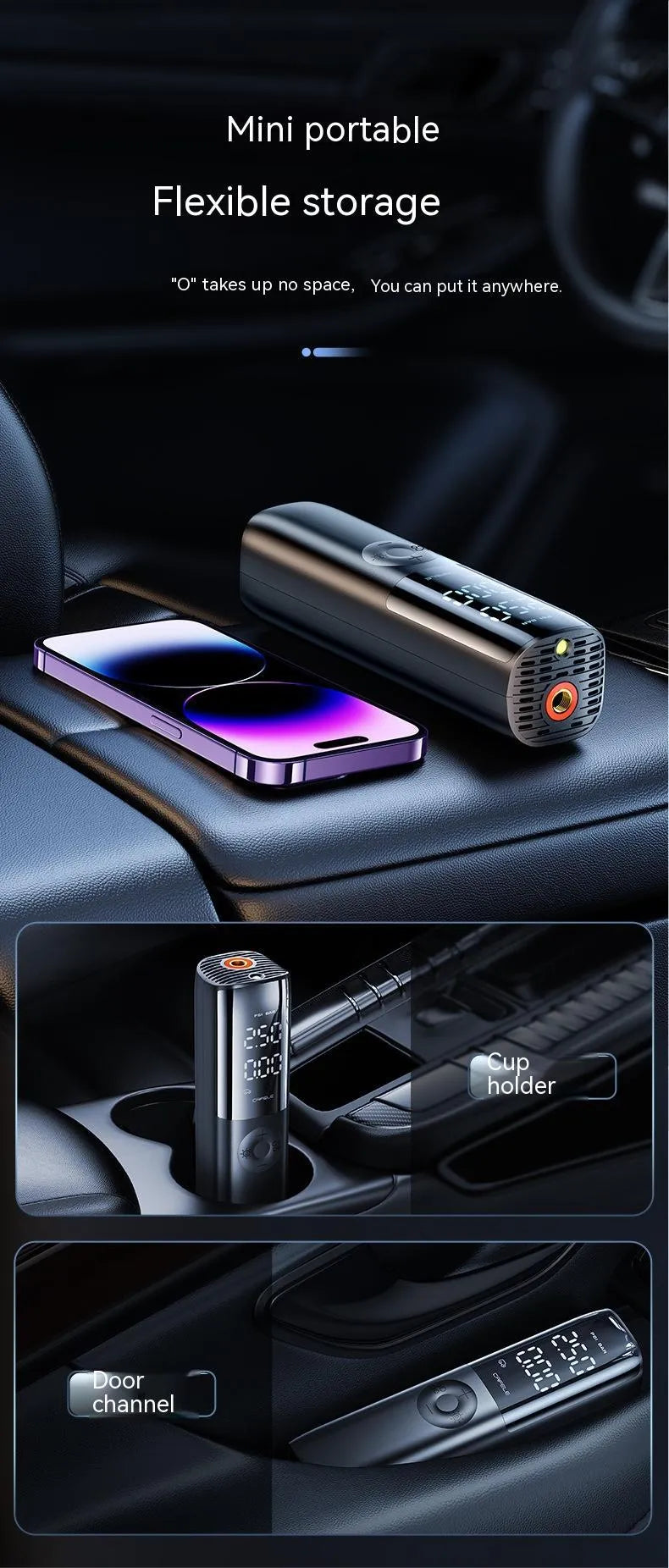Black portable electric vehicle air pump with built-in tyre pressure gauge