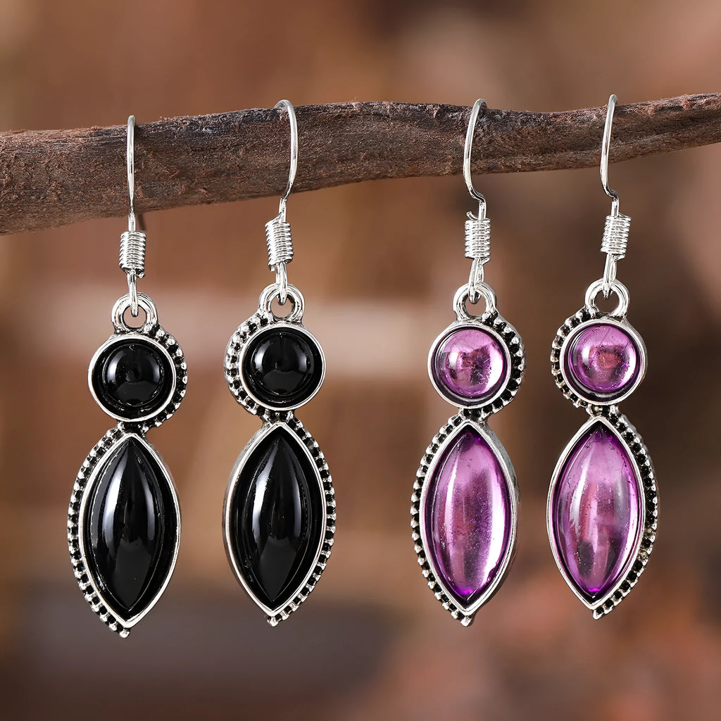 Geometric zinc alloy drop earrings with electroplated black and purple finish, retro bohemian style.