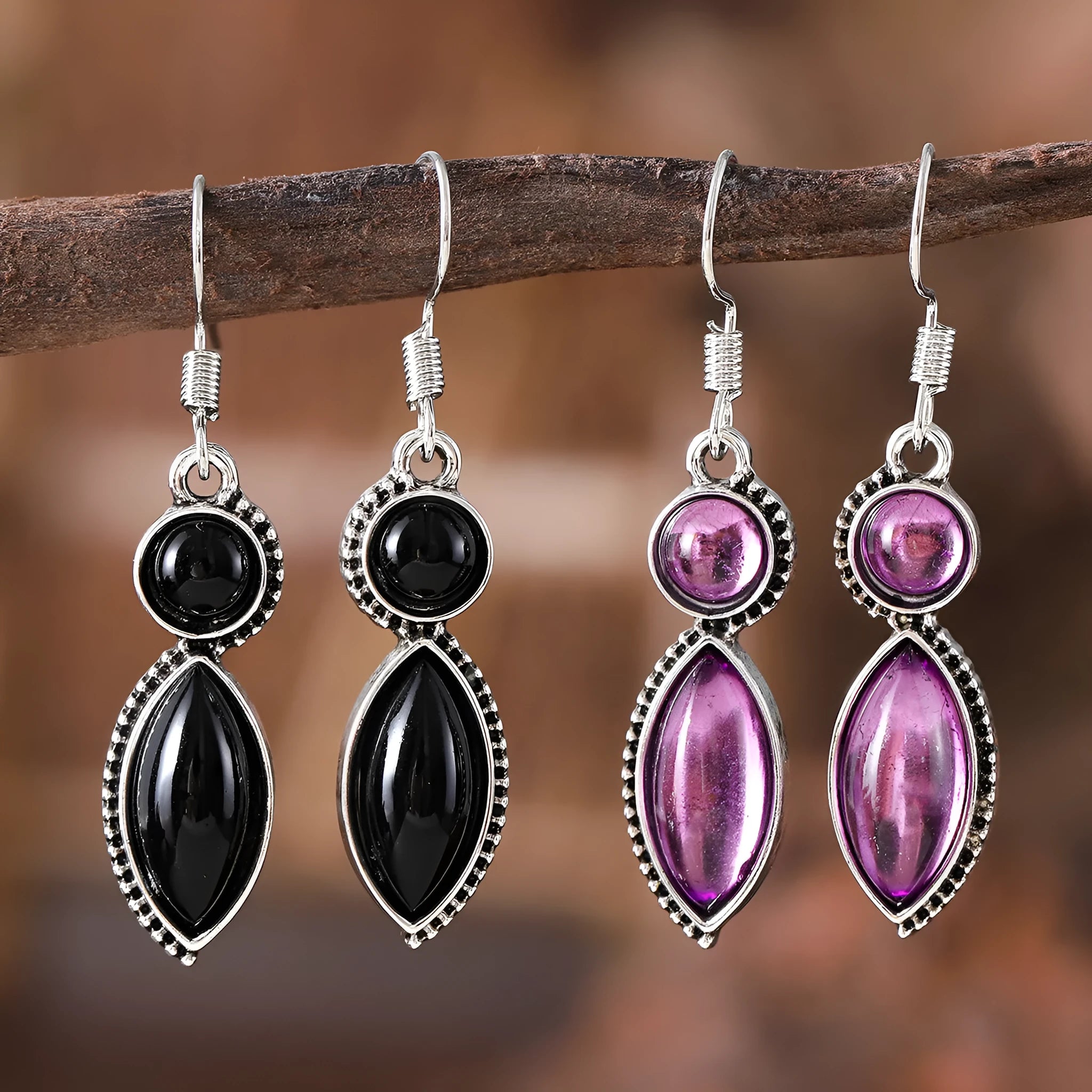 Geometric zinc alloy drop earrings with electroplated black and purple finish, retro bohemian style.