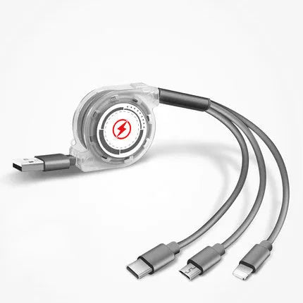 3-in-1 telescopic charging cable extended to show connectors with 120cm TPE cable and titanium alloy plugs.