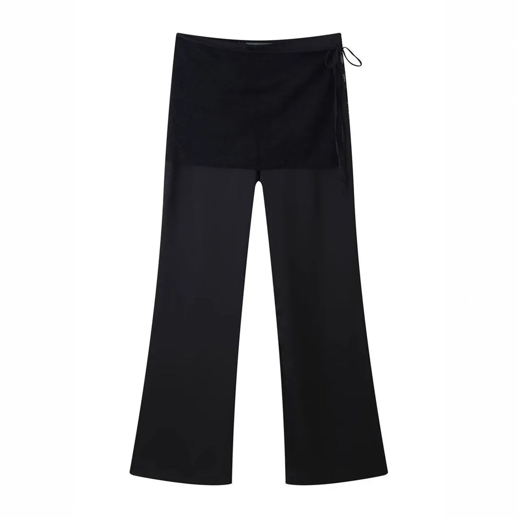 Black straight-leg trousers with lace-up front, loose fit, woven nylon, sizes XS to L