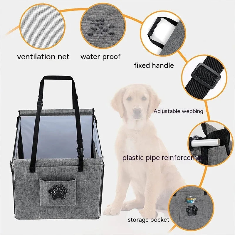 Small black Oxford cloth dog crate with mesh sides, showing carry handle and 49cm dimensions.