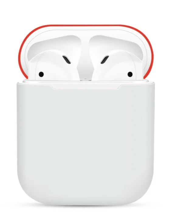 Silicone protective case cover for Apple AirPods charging box in split design, shown in multiple colour options.