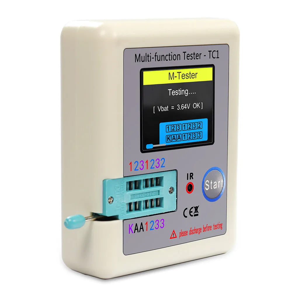 LCR-TC1 multi-function transistor tester with full colour screen showing component test results on portable 90x70x10mm device