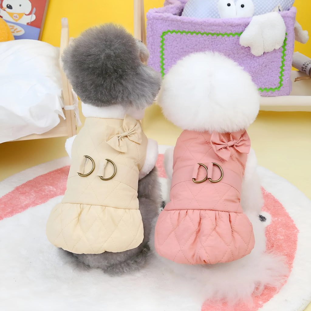 Small dog butterfly cotton-padded dress in apricot or pink, sizes XS to XL, casual cotton pet clothing