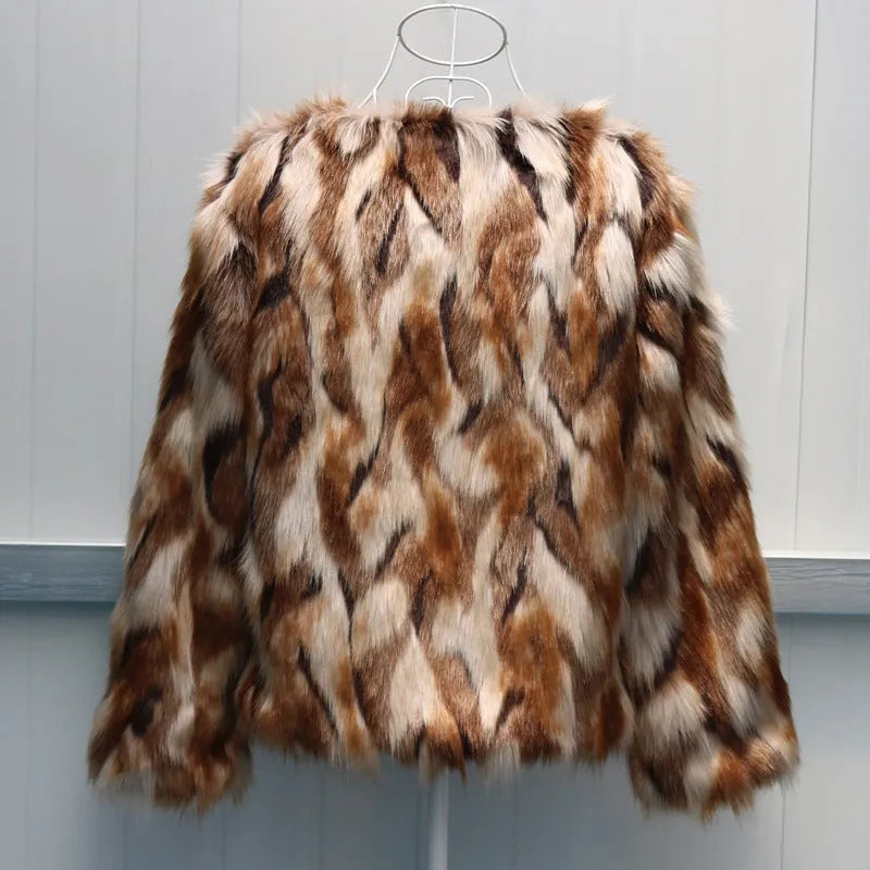 Korean slim-fit faux fur coat for women in picture colour, shown on model.