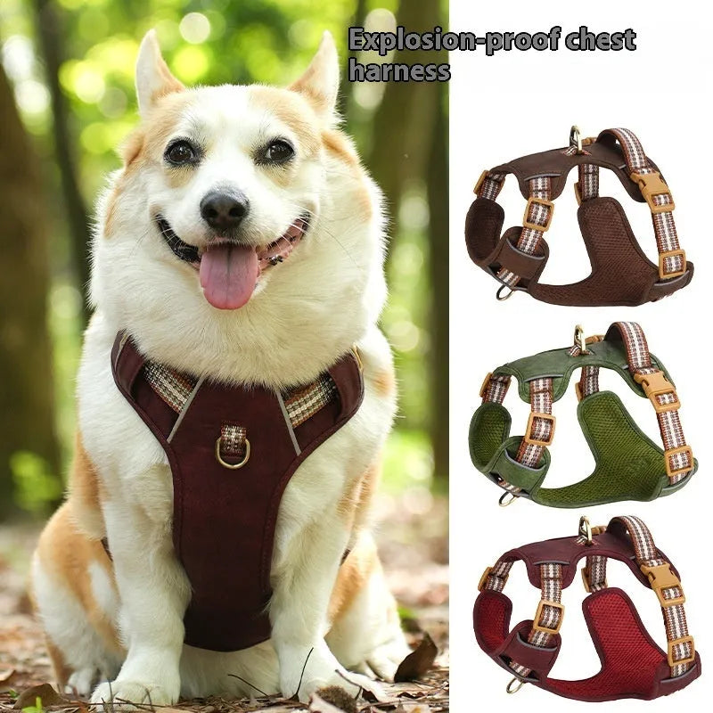 Retro leather pet harness in brown with reflective stripes, explosion-proof design, available in sizes XXS to L