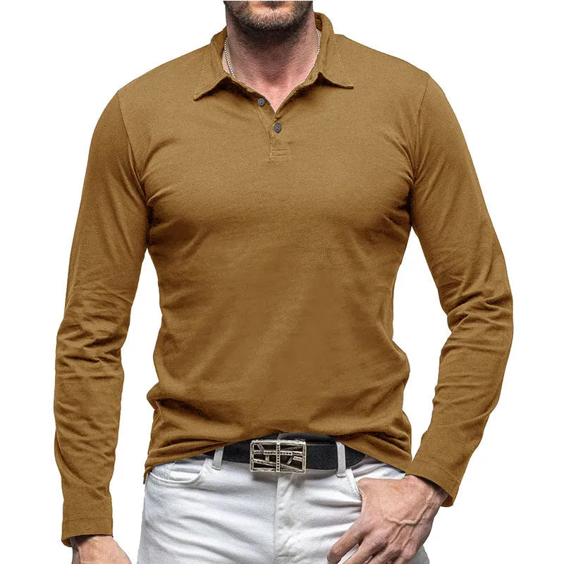 Men's long sleeve polo collar t-shirt in American retro style, shown in multiple colour options