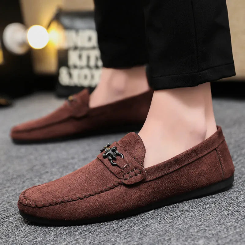 Men's waterproof slip-on loafers in black and brown with artificial PU leather uppers and rubber soles