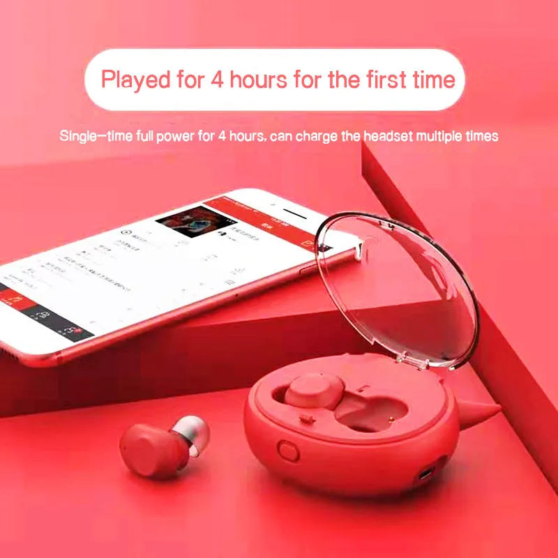 Wireless Bluetooth 5.0 headset with stereo bilateral earplugs and battery display, shown in pink, black and red