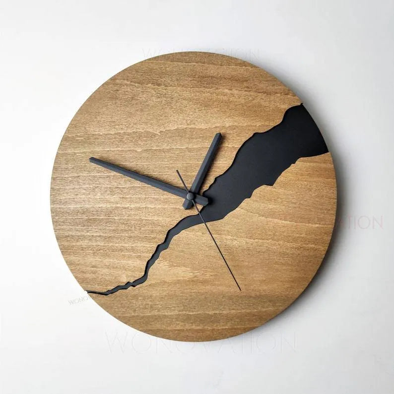 Modern wooden wall clock with crack effect design, 30 cm diameter, minimalist numerals