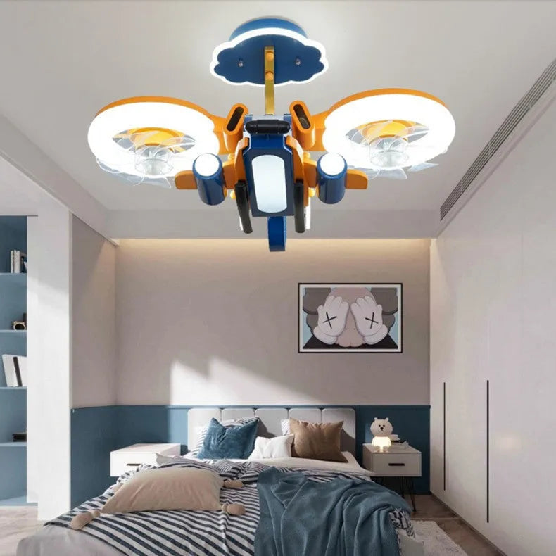 Smart Fighter Boy ceiling fan light with metal blades and acrylic lampshade, yellow and blue colour scheme for large bedrooms
