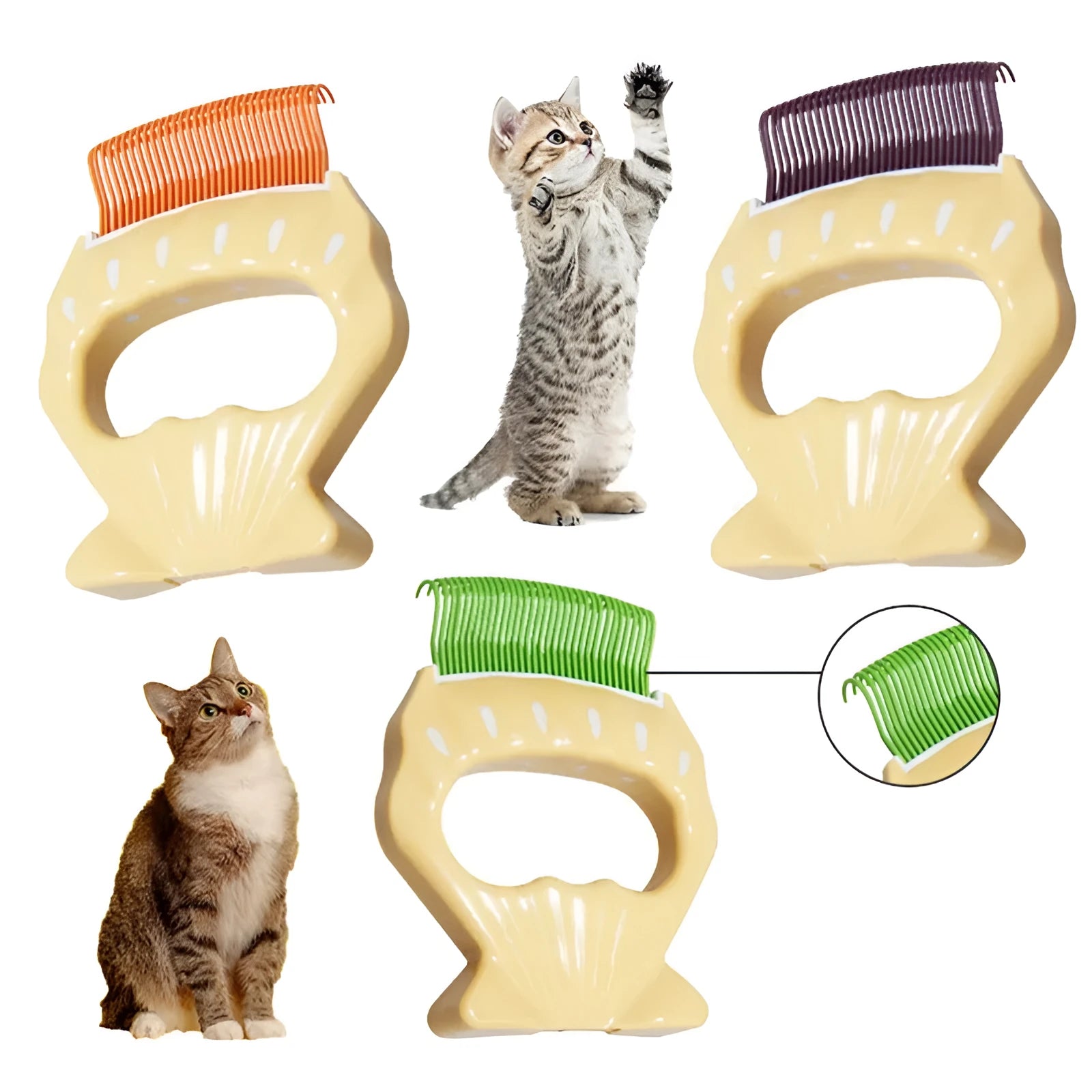 Shell-shaped plastic pet grooming brush with bent wire bristles and anti-slip handle in green colour