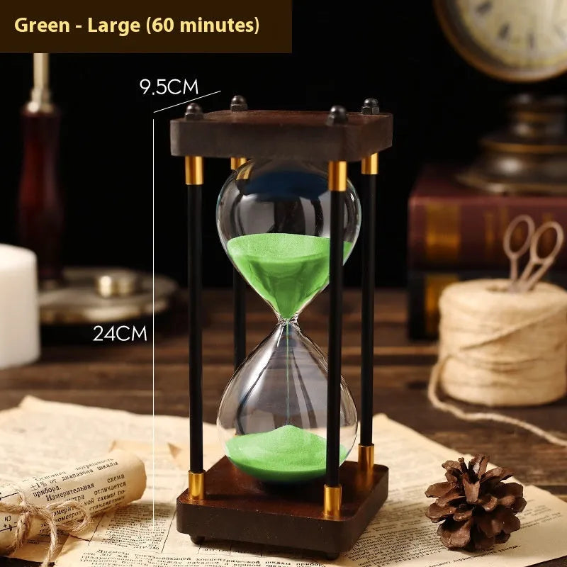 Solid wood hourglass timer in 30 or 60 minutes with coloured sand for office, home, writing, or gift use