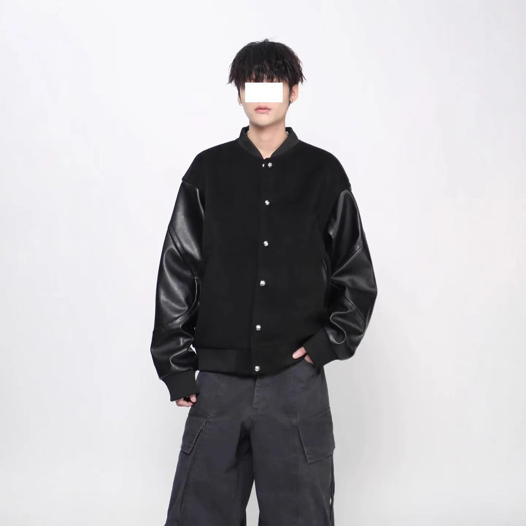 Black loose faux leather coat with longfengni patchwork, polyester lining and side seam pockets