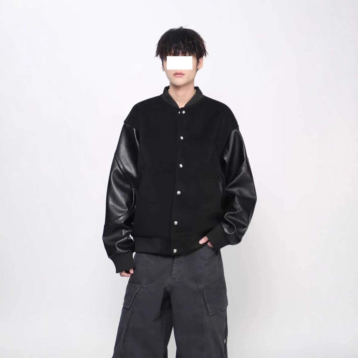 Black loose faux leather coat with longfengni patchwork, polyester lining and side seam pockets
