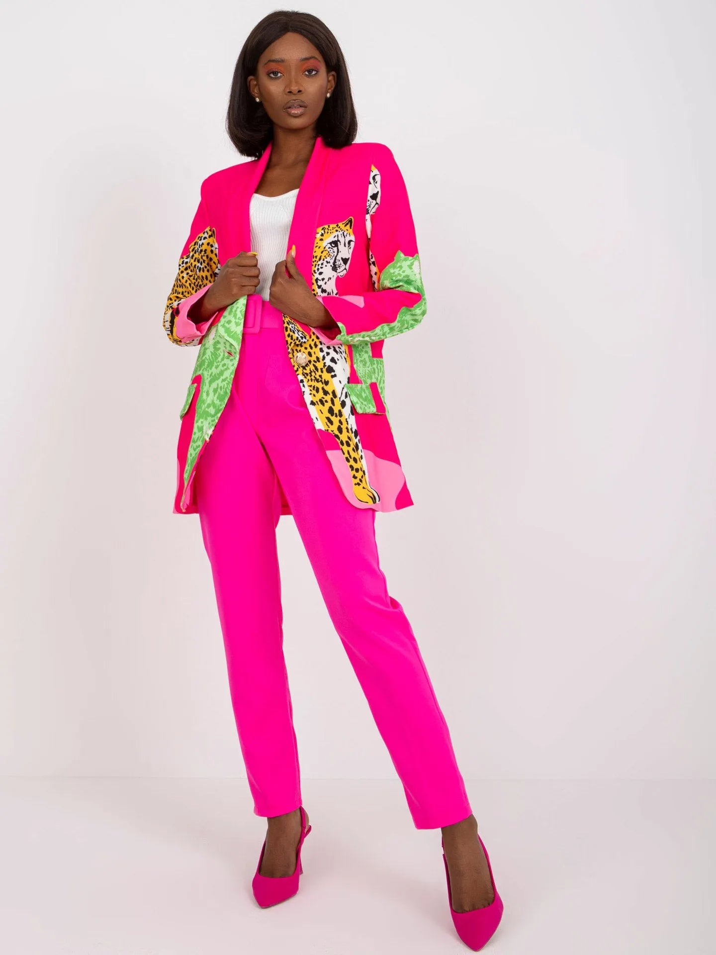 Leopard print contrast colour slim fit long suit jacket for women, 65cm, with pocket, black colour