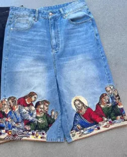 Men's blue cotton tapered shorts with a Jesus print on the back pocket