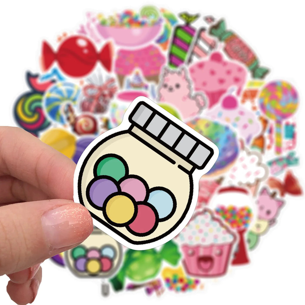Pack of 50 colourful candy graffiti stickers with cartoon designs, sized 4-6cm.