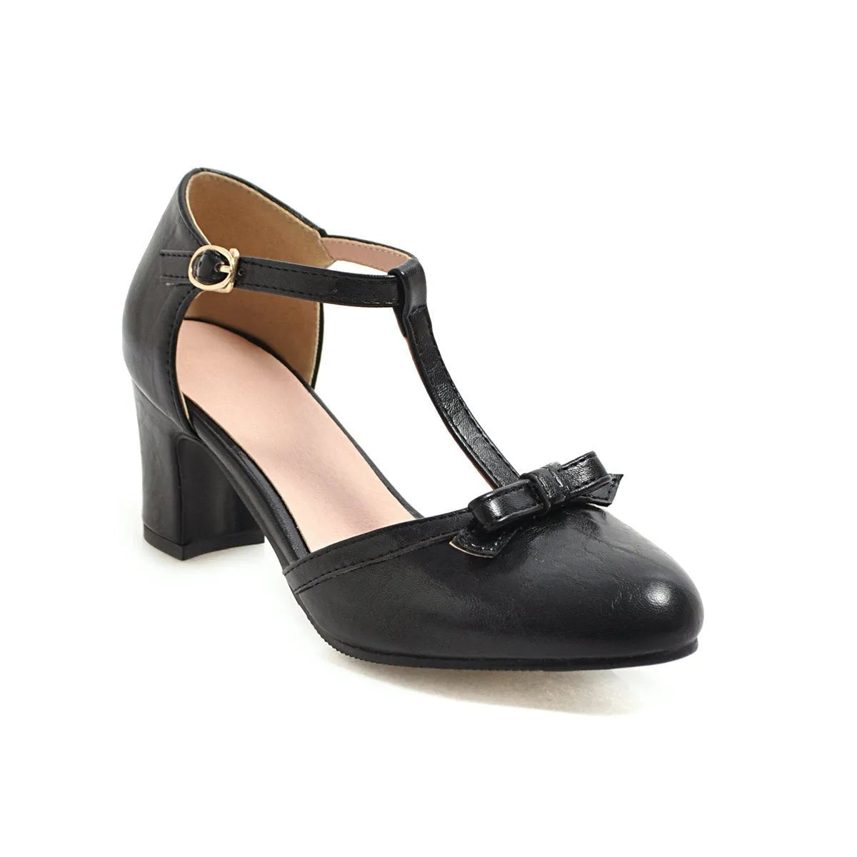 Women's apricot chunky heel sandals with hollow-out round toe, bow detail, and a buckle strap on a 6.5cm heel.