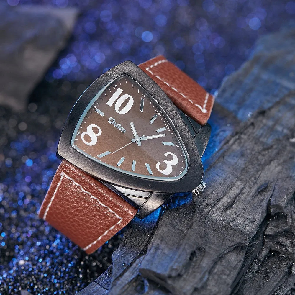 Men's slim casual watch with a triangle belt strap, shown in brown, black, and blue colour options.