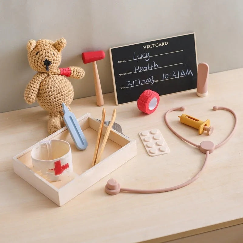 Wooden children's doctor toy set with stethoscope and medical suit for imaginative role play