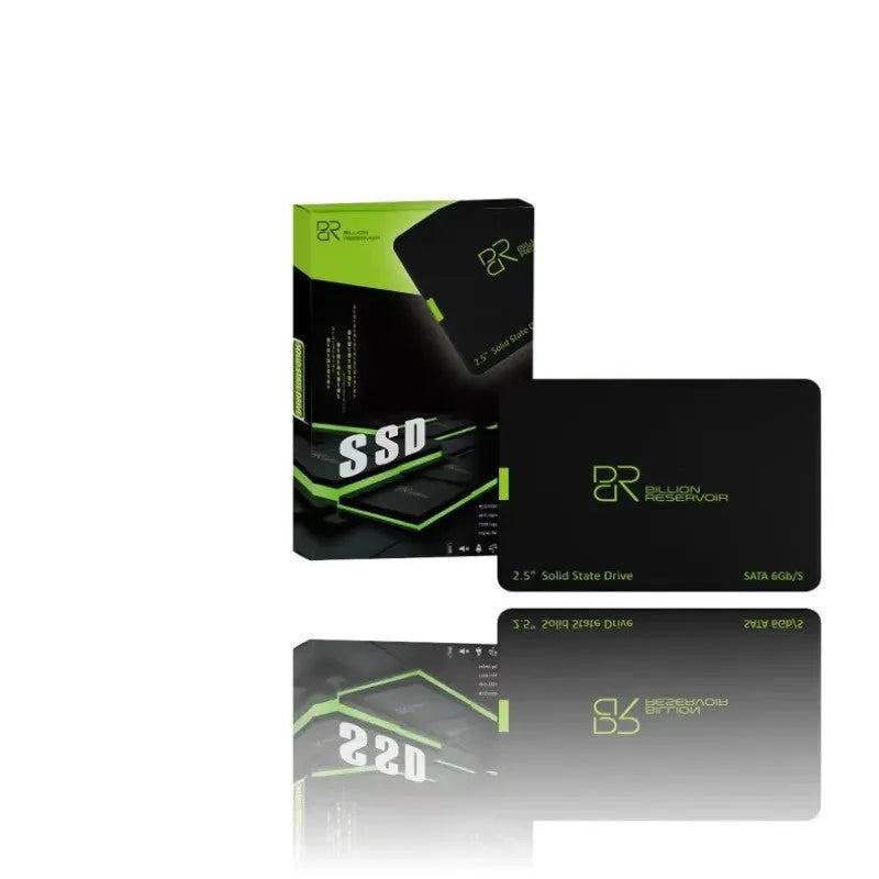 Black 2.5-inch solid state drive with SATA interface showing capacity options from 128GB to 2TB